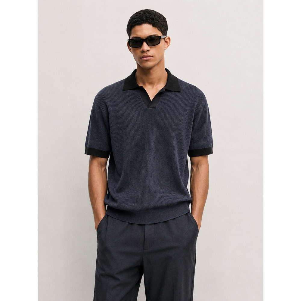 Massimo Dutti Mens XL Cotton Knit Polo Shirt Gray Ribbed Short Sleeve V-Neck